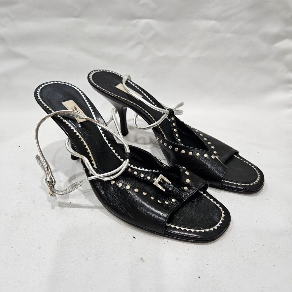 PRADA Black Leather Studded Ankle Strap Kitten Heel Sandals Silver Size 8 Y2K